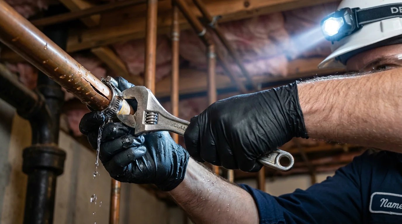 Emergency pipe clamp repair being performed by a Johns Plumbing LLC plumber in Jackson