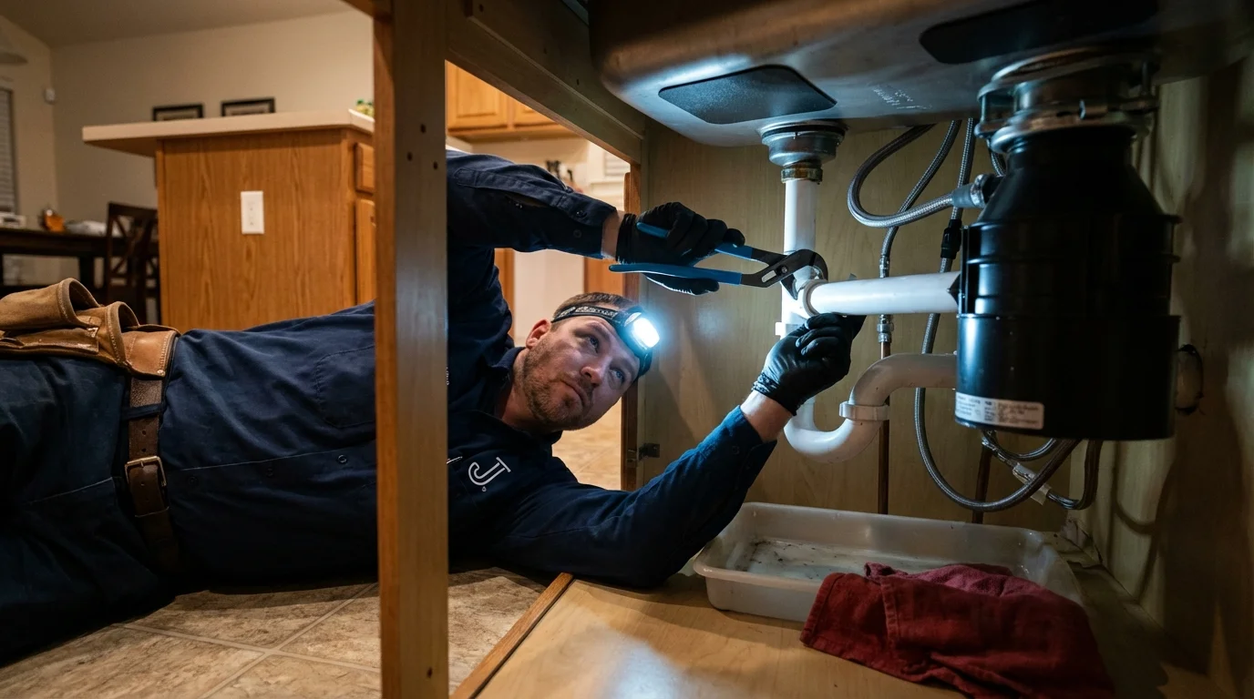 P-trap and supply line connections under a kitchen sink showing a common leak point in Jackson, CA